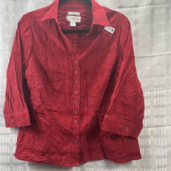 CJ Banks Womens Red Blouse Size X Snap Button Collared 3/4 Sleeve - Picture 8 of 16